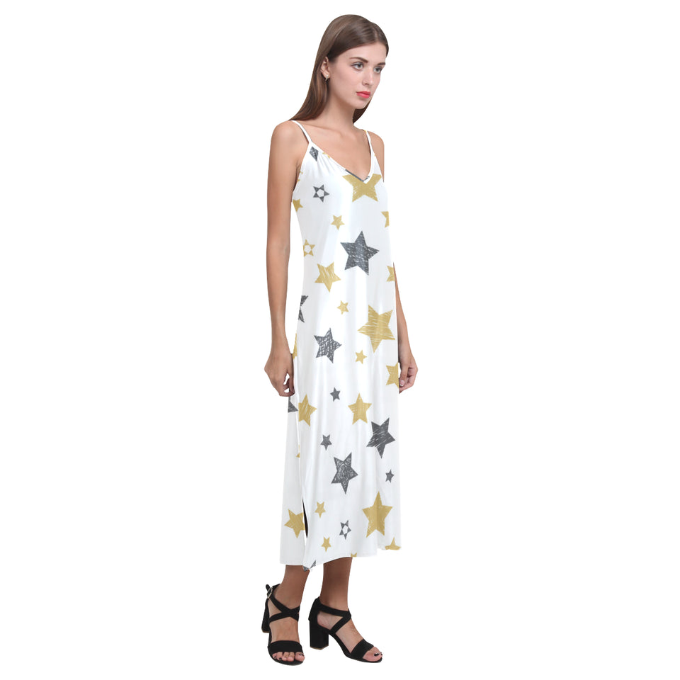 hand drawn gold black star pattern V-Neck Open Fork Long Dress