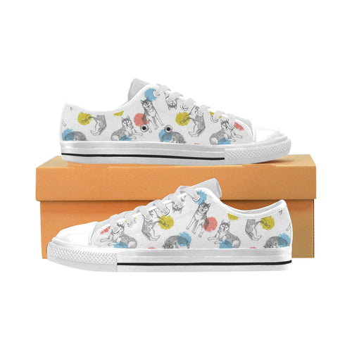 Siberian husky and colorful circle pattern Men's Low Top Shoes White