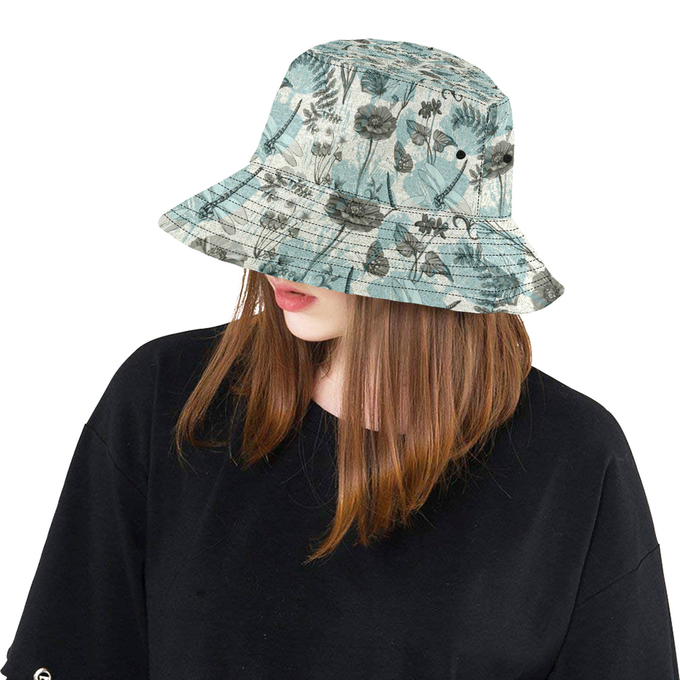 Dragonfly Butterfly Plants insect flower vintage s Unisex Bucket Hat
