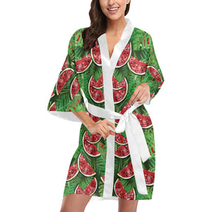 Watermelons tropical palm leaves pattern backgroun Women's Short Kimono Robe