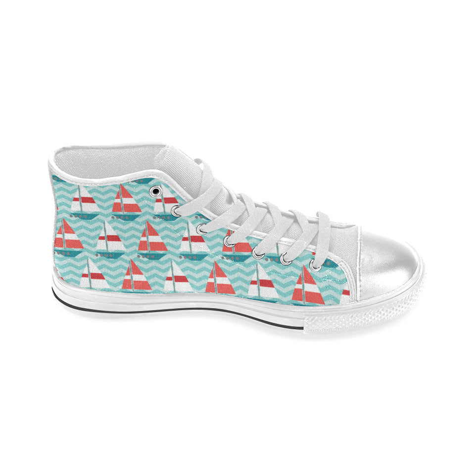 Red White sailboat wave background Women's High Top Canvas Shoes White