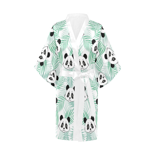 Panda pattern tropical leaves background Women's Short Kimono Robe