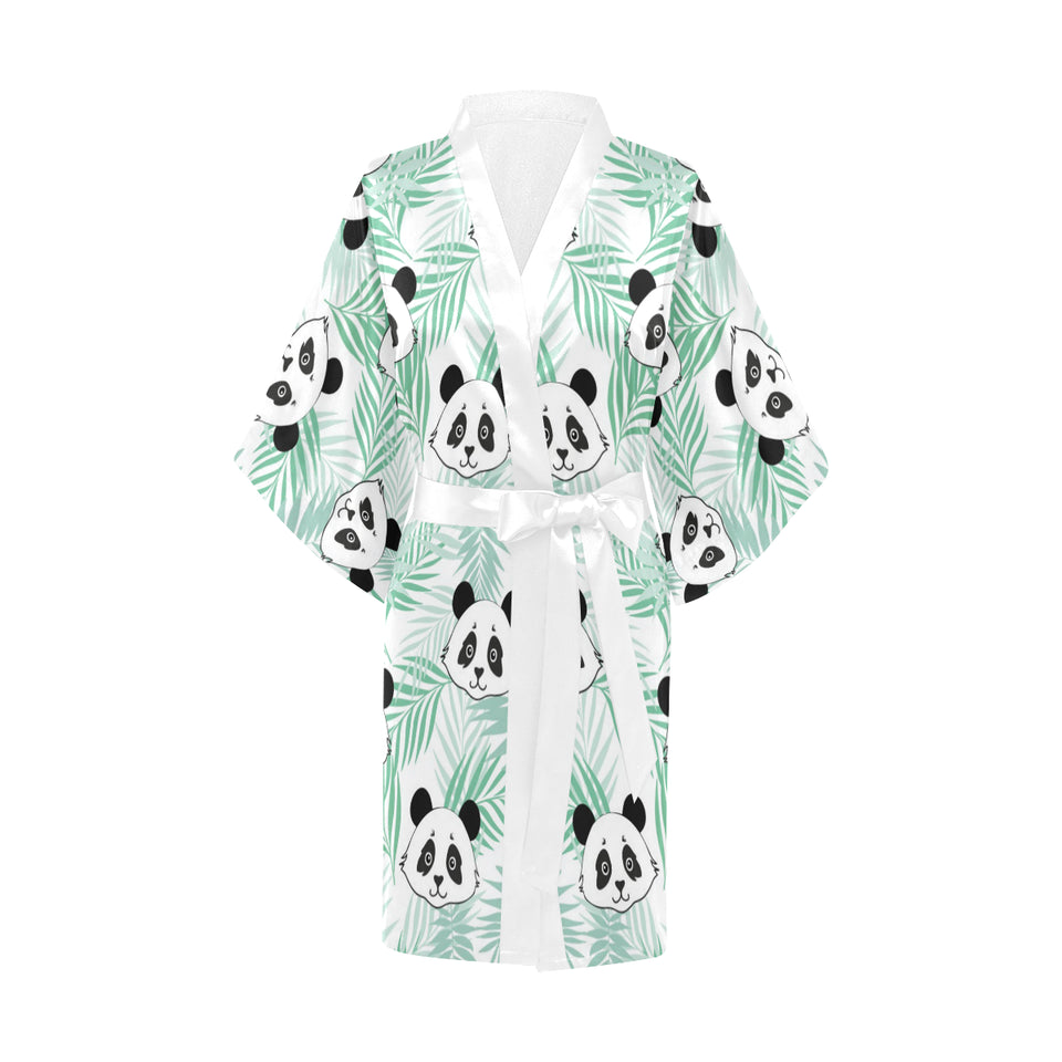 Panda pattern tropical leaves background Women's Short Kimono Robe
