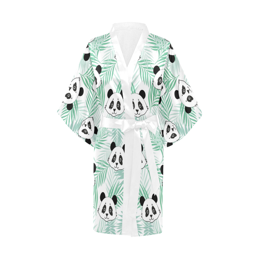 Panda pattern tropical leaves background Women's Short Kimono Robe