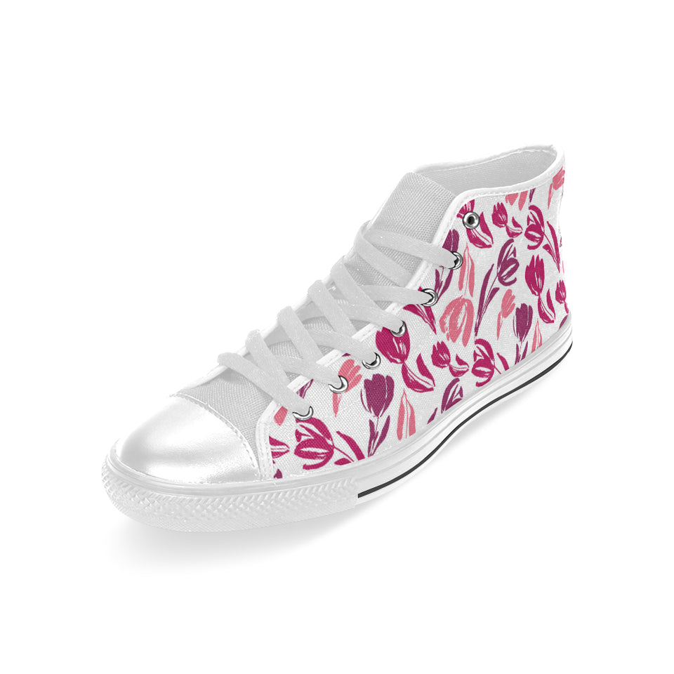 pink sketch tulip pattern Men's High Top Canvas Shoes White