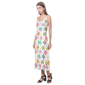 Color cute owl pattern V-Neck Open Fork Long Dress