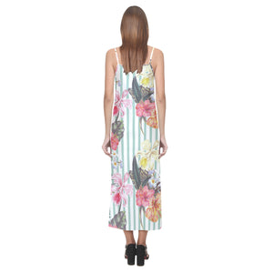 Colorful orchid flower pattern V-Neck Open Fork Long Dress