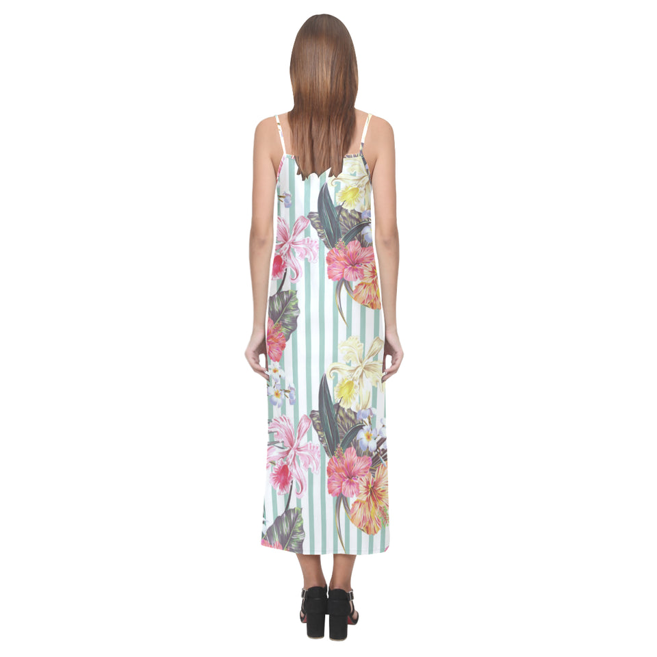 Colorful orchid flower pattern V-Neck Open Fork Long Dress