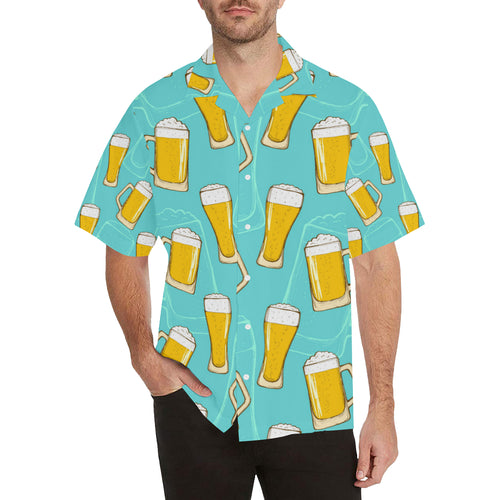 Beer pattern green background Men's All Over Print Hawaiian Shirt