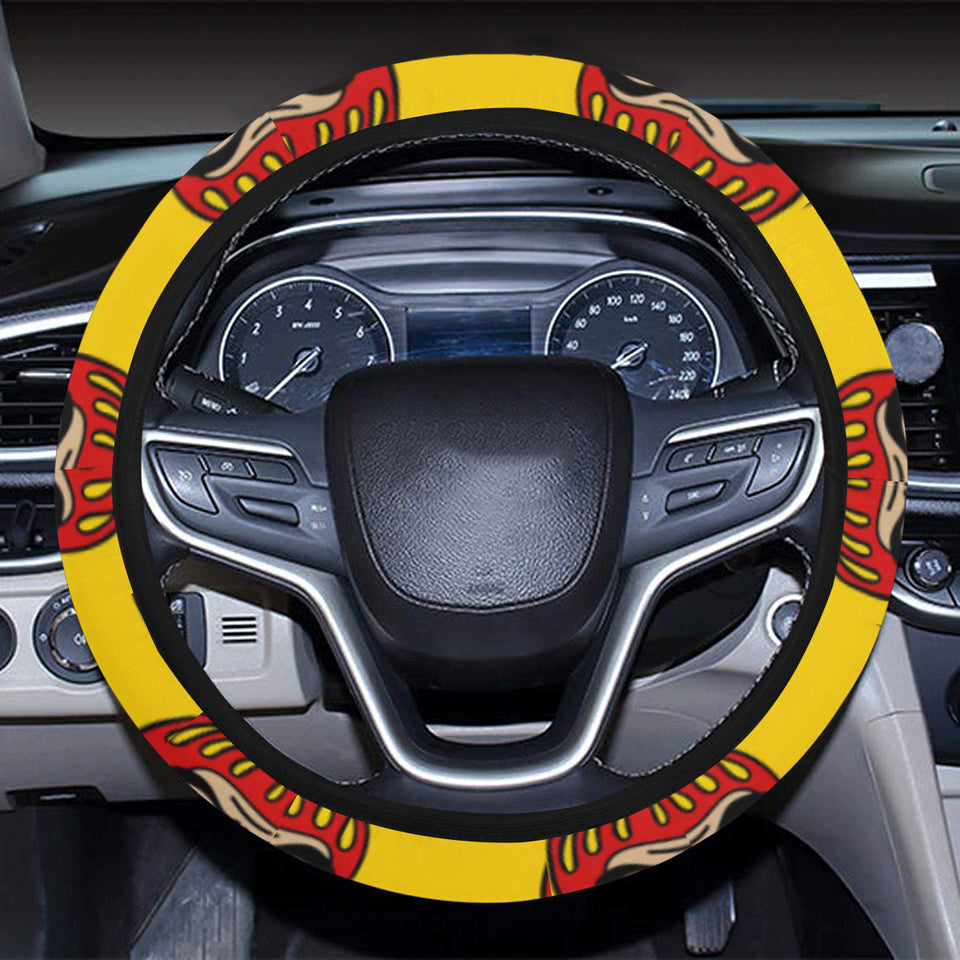 Daruma japanese wooden doll yellow background Car Steering Wheel Cover