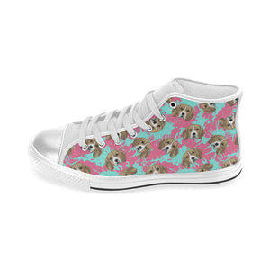 Beagle muzzles turquoise paint splashes pink patte Women's High Top Canvas Shoes White