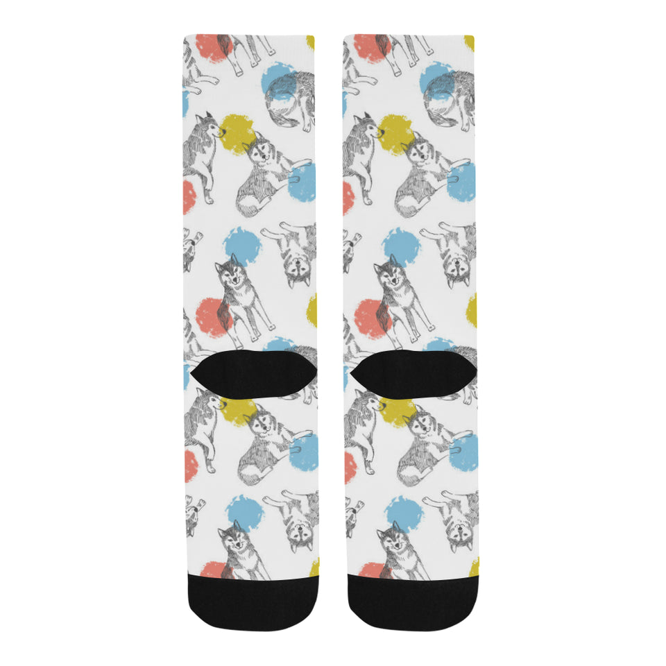 Siberian husky and colorful circle pattern Crew Socks
