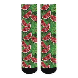 Watermelons tropical palm leaves pattern backgroun Crew Socks