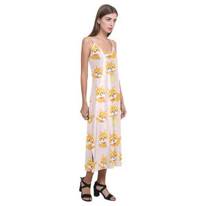 Cute shiba inu dog pattern V-Neck Open Fork Long Dress