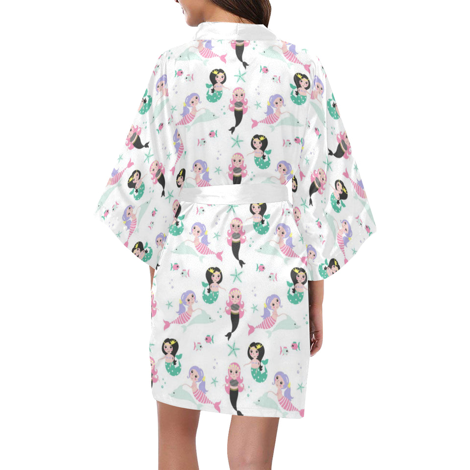 cute mermaid dolphin fish starfish pattern Women's Short Kimono Robe