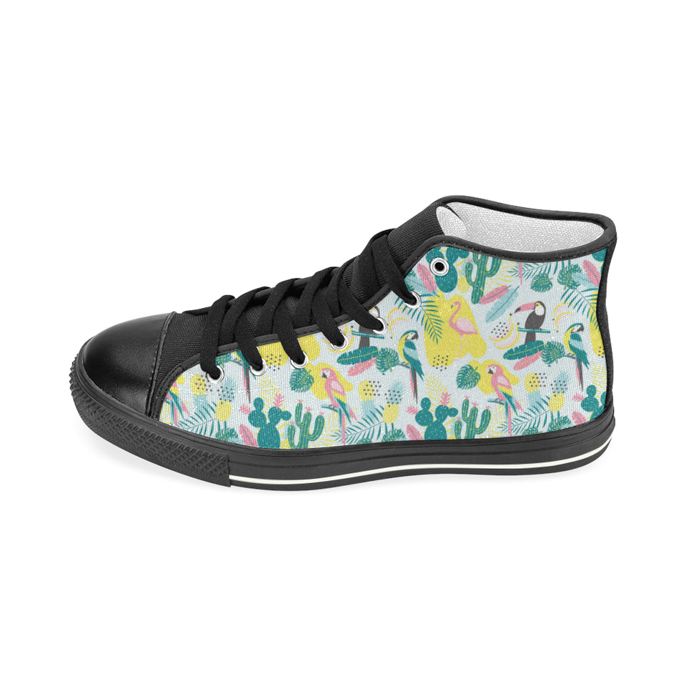 Cute parrot toucan flamingo cactus exotic leaves p Women's High Top Canvas Shoes Black
