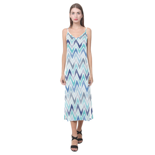 zigzag  chevron blue pattern V-Neck Open Fork Long Dress
