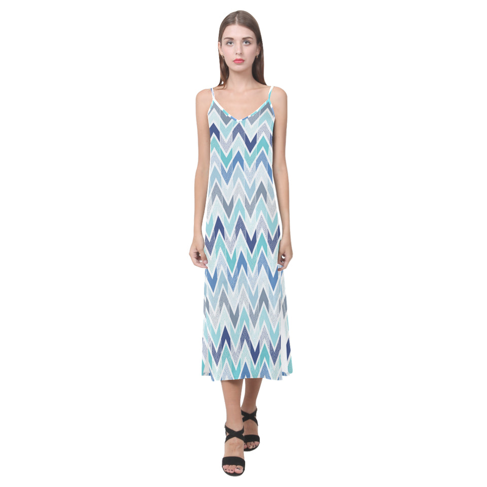zigzag  chevron blue pattern V-Neck Open Fork Long Dress