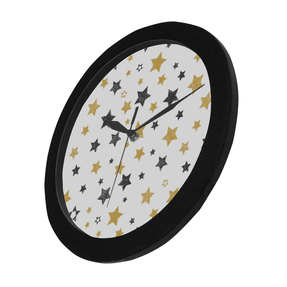 hand drawn gold black star pattern Elegant Black Wall Clock