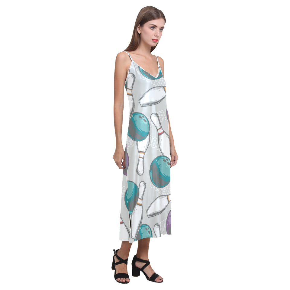 Bowling ball and pin gray background V-Neck Open Fork Long Dress