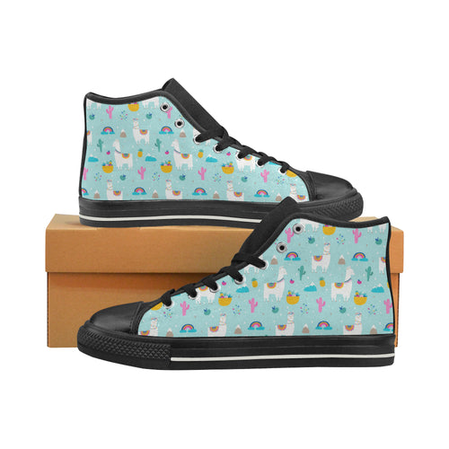 Llama alpaca cactus leaves pattern Women's High Top Canvas Shoes Black