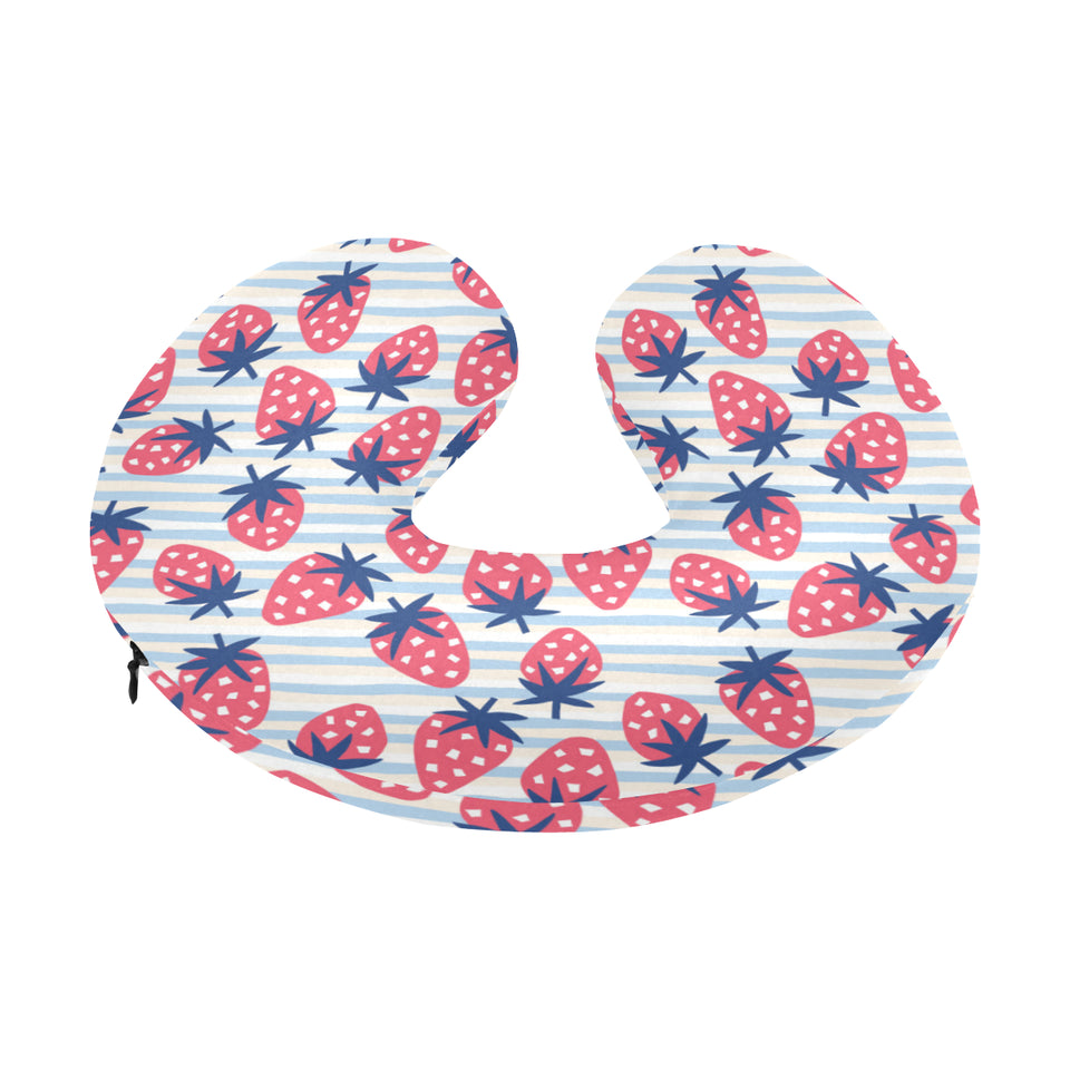 Strawberry pattern blue lines background U-Shaped Travel Neck Pillow