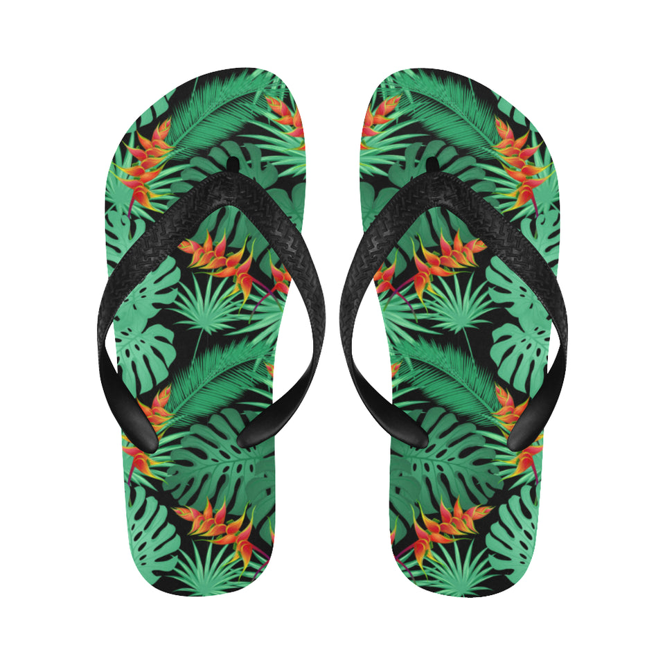 heliconia flower palm monstera leaves black backgr Unisex Flip Flops
