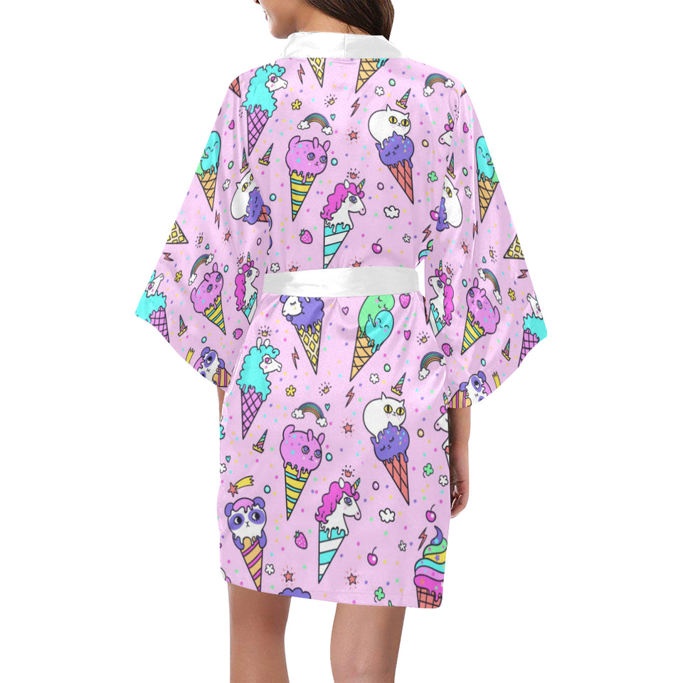 Cute ice cream cone animal pattern Women's Short Kimono Robe