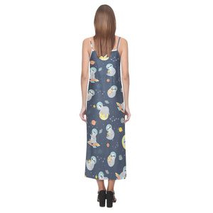 Cute sloth astronaut star planet rocket pattern V-Neck Open Fork Long Dress