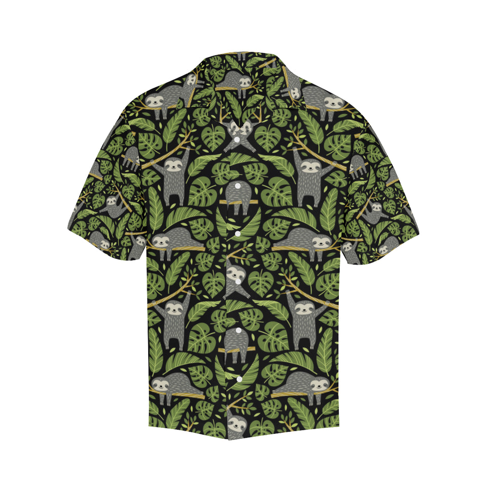 Cute sloths tropical palm leaves black background Men's All Over Print Hawaiian Shirt