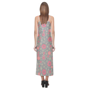 Red gold Sakura cherry blossom gray background V-Neck Open Fork Long Dress