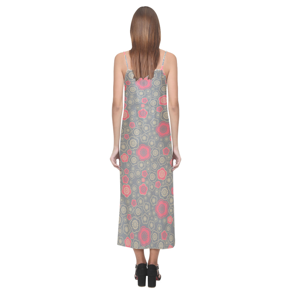 Red gold Sakura cherry blossom gray background V-Neck Open Fork Long Dress