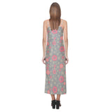 Red gold Sakura cherry blossom gray background V-Neck Open Fork Long Dress