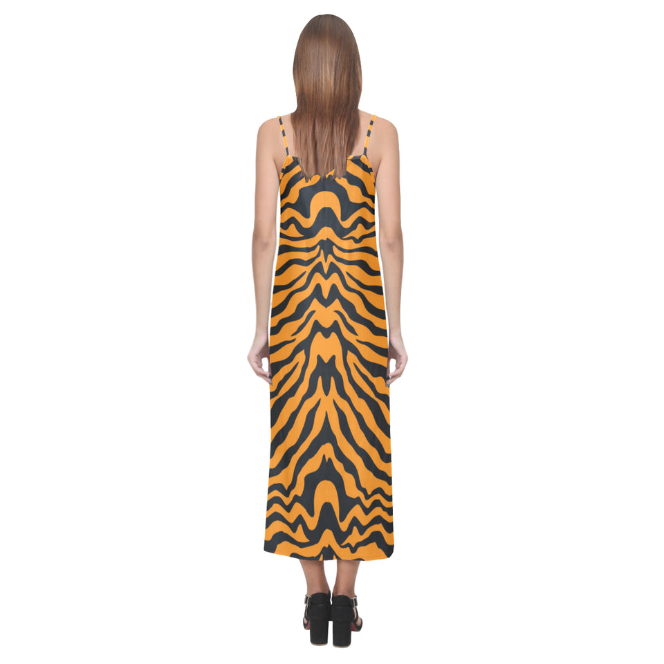 Bengal tigers skin print pattern V-Neck Open Fork Long Dress