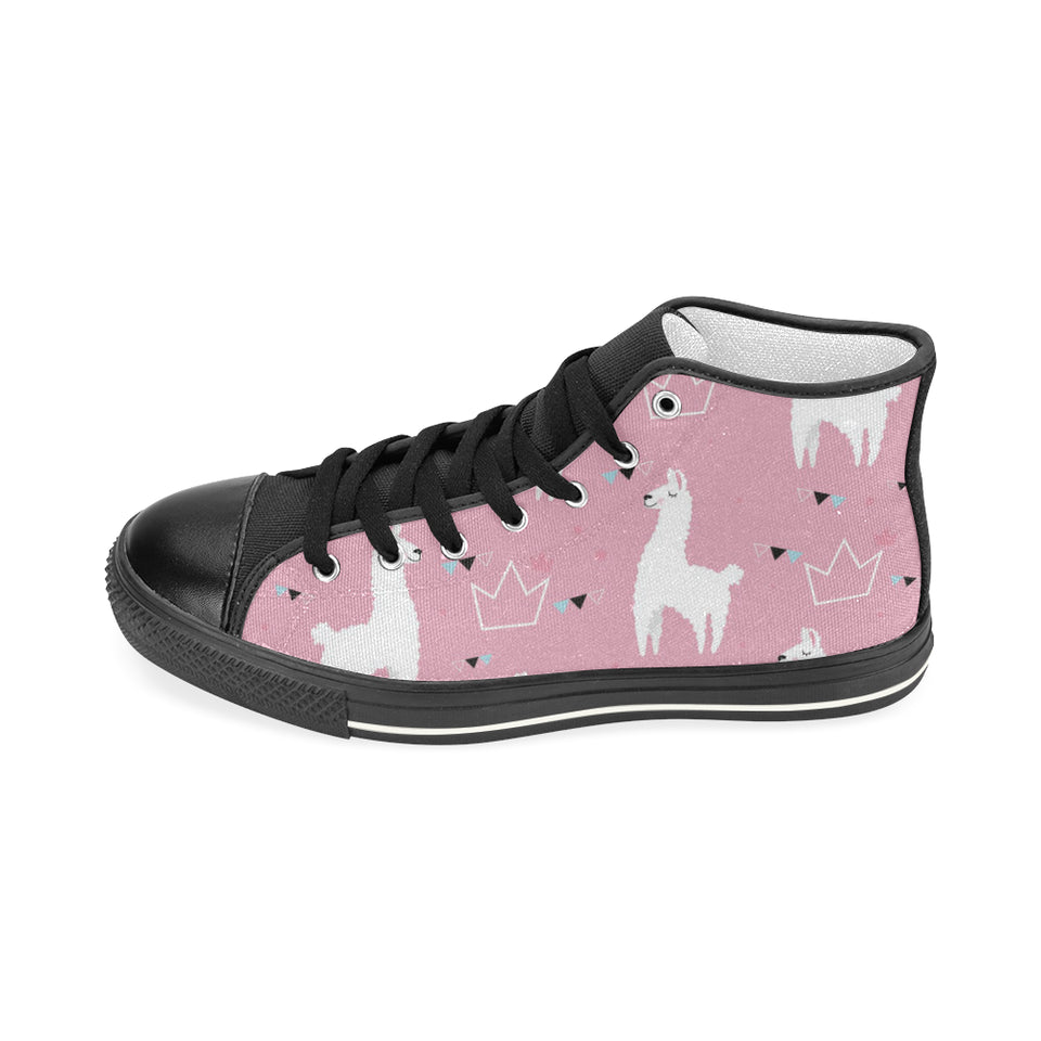 Llama Alpaca pink background Women's High Top Canvas Shoes Black