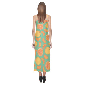 orange fruit pattern green background V-Neck Open Fork Long Dress