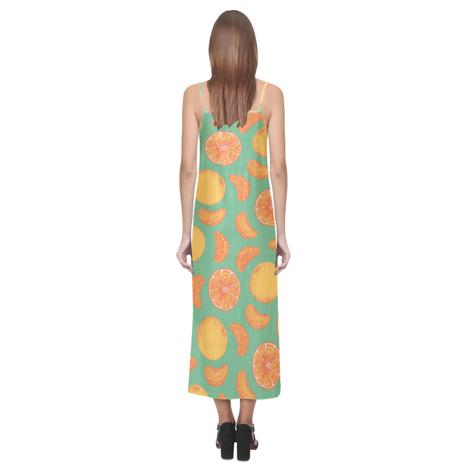 orange fruit pattern green background V-Neck Open Fork Long Dress