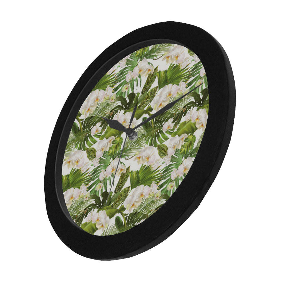 White orchid flower tropical leaves pattern Elegant Black Wall Clock
