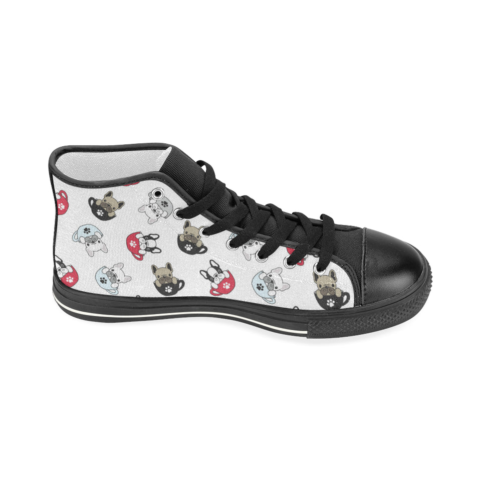 French bulldog cup paw pattern Women's High Top Canvas Shoes Black