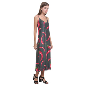 Chili peppers pattern black background V-Neck Open Fork Long Dress