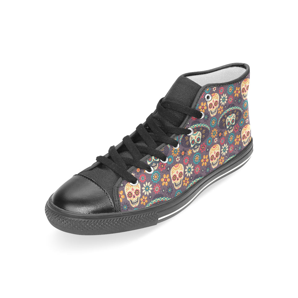 Sugar skulls flower maxican pattern Women's High Top Canvas Shoes Black