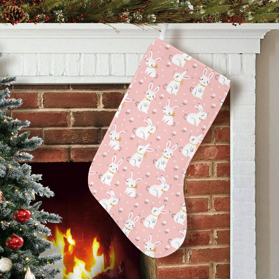 Cute white rabbit flower pink background Christmas Stocking