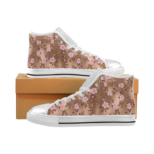 Pink sakura cherry blossom drak brown background Women's High Top Canvas Shoes White