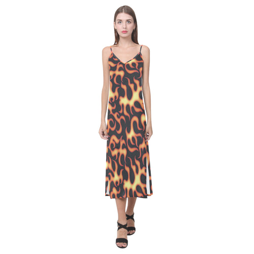 Fire flame dark pattern V-Neck Open Fork Long Dress