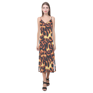 Fire flame dark pattern V-Neck Open Fork Long Dress