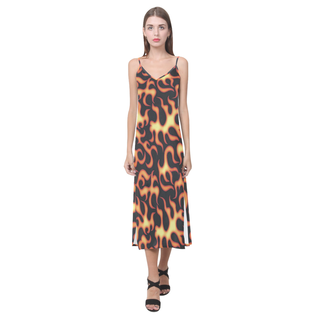 Fire flame dark pattern V-Neck Open Fork Long Dress