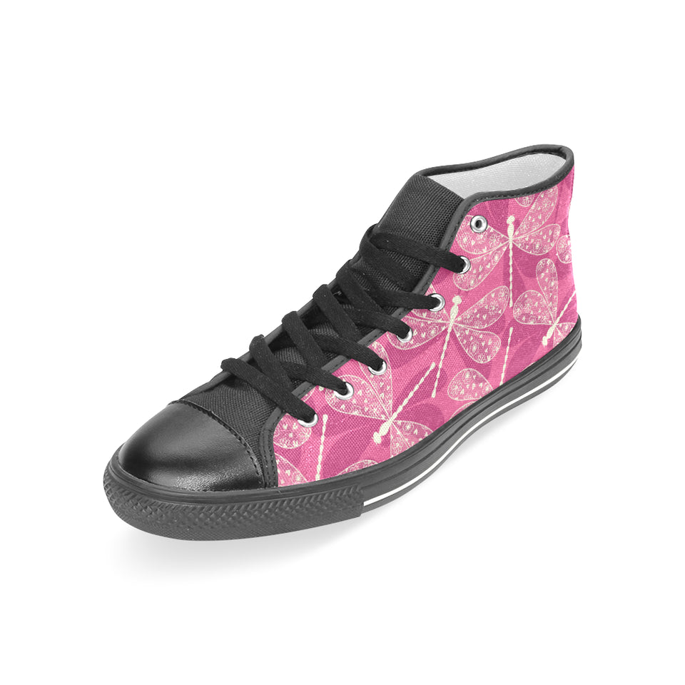 Beautiful dragonfly pink background Women's High Top Canvas Shoes Black