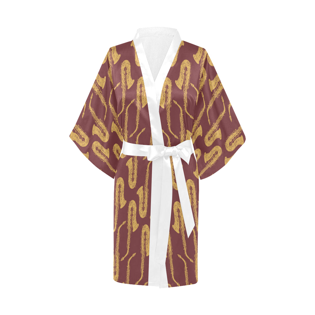 Hand drawn gold saxophone red background Women's Short Kimono Robe