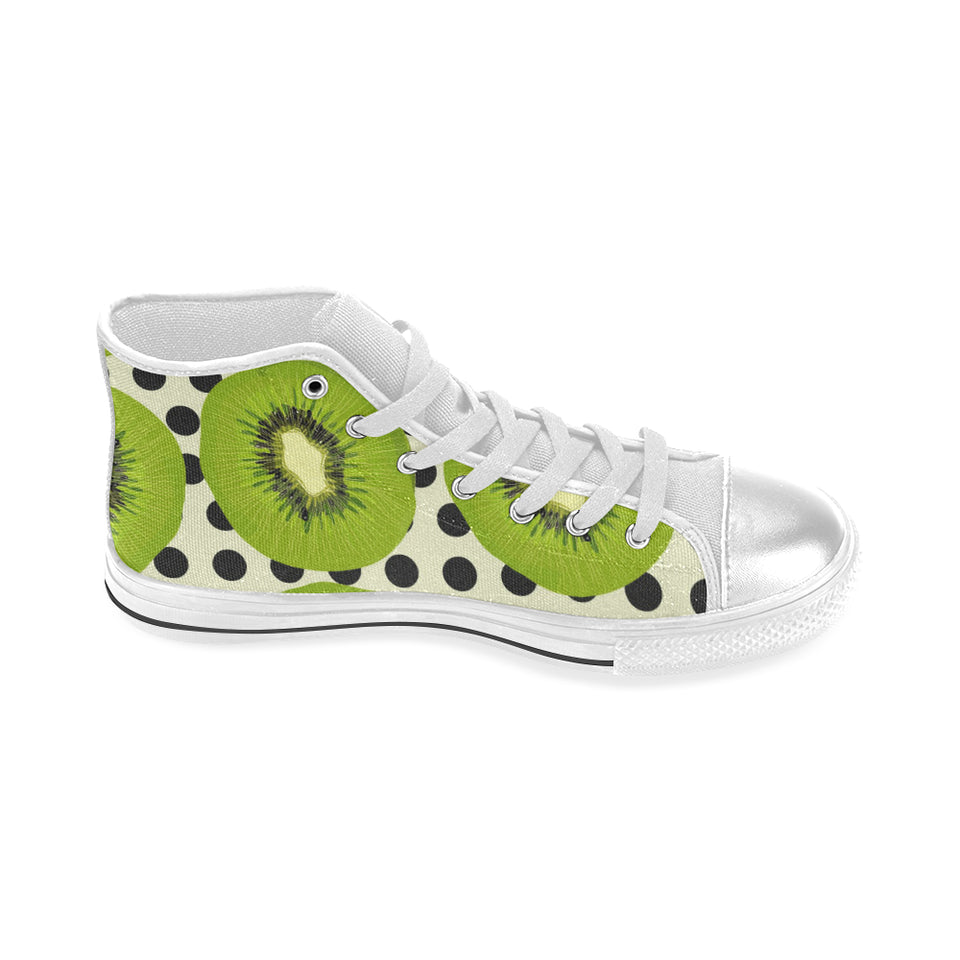 kiwi black dot background Women's High Top Canvas Shoes White