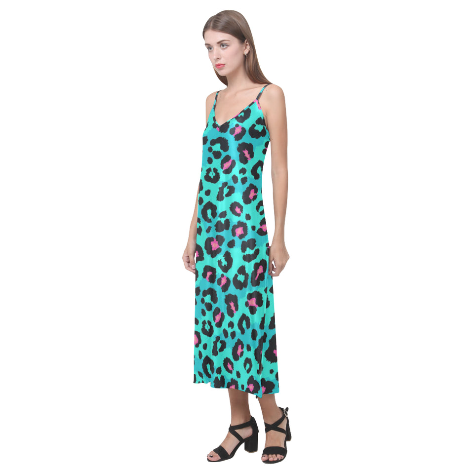 Green leopard skin print pattern V-Neck Open Fork Long Dress